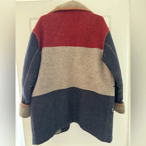 Vintage Rue Grenelle wool coat jacket print blue red cozy retro street boho 7/L - Picture 5 of 5